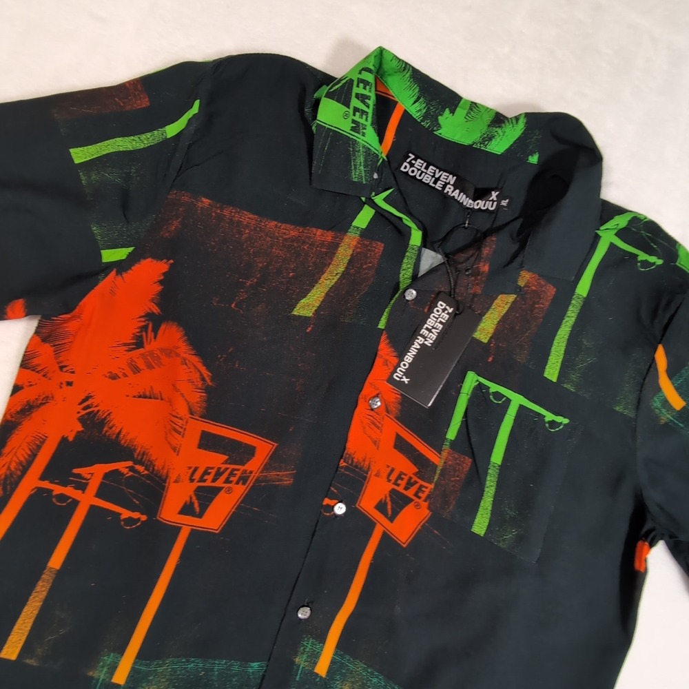 7-Eleven Double Rainbouu Shirt Men XL Black Neon Paradise 24 Garage Hawaiian NEW